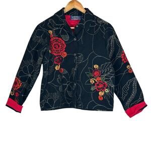 VTG Willow Ridge Jacket Womens SP Black 100% Cotton Boho Retro Embroidered Funky